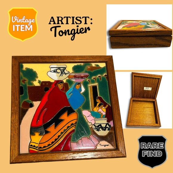 Mexican Artist Arius Tongier Vintage Wood Trinket Box Painted Ceramic Tile. 9x9